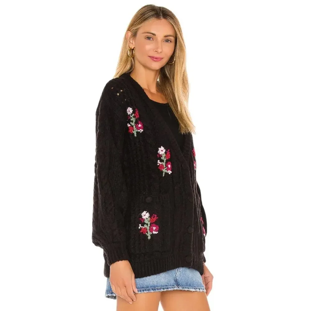 For Love & Lemons Black Amaryllis Oversized Floral Button Down Cardigan